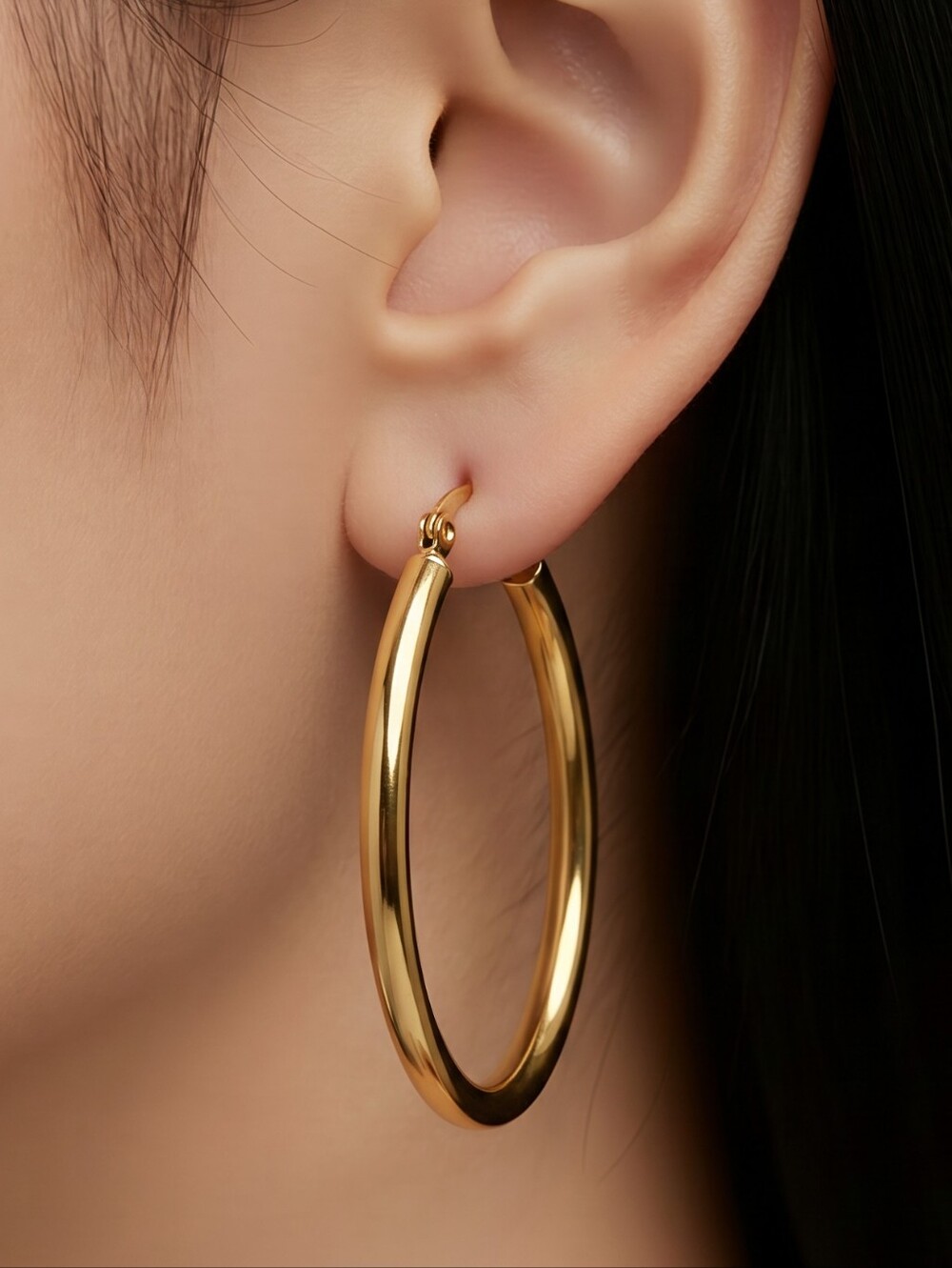 Chunky Gold Oval Hoop Earrings 40mm Stainless Steel Large Polished Hoops - Picture 2 of 5